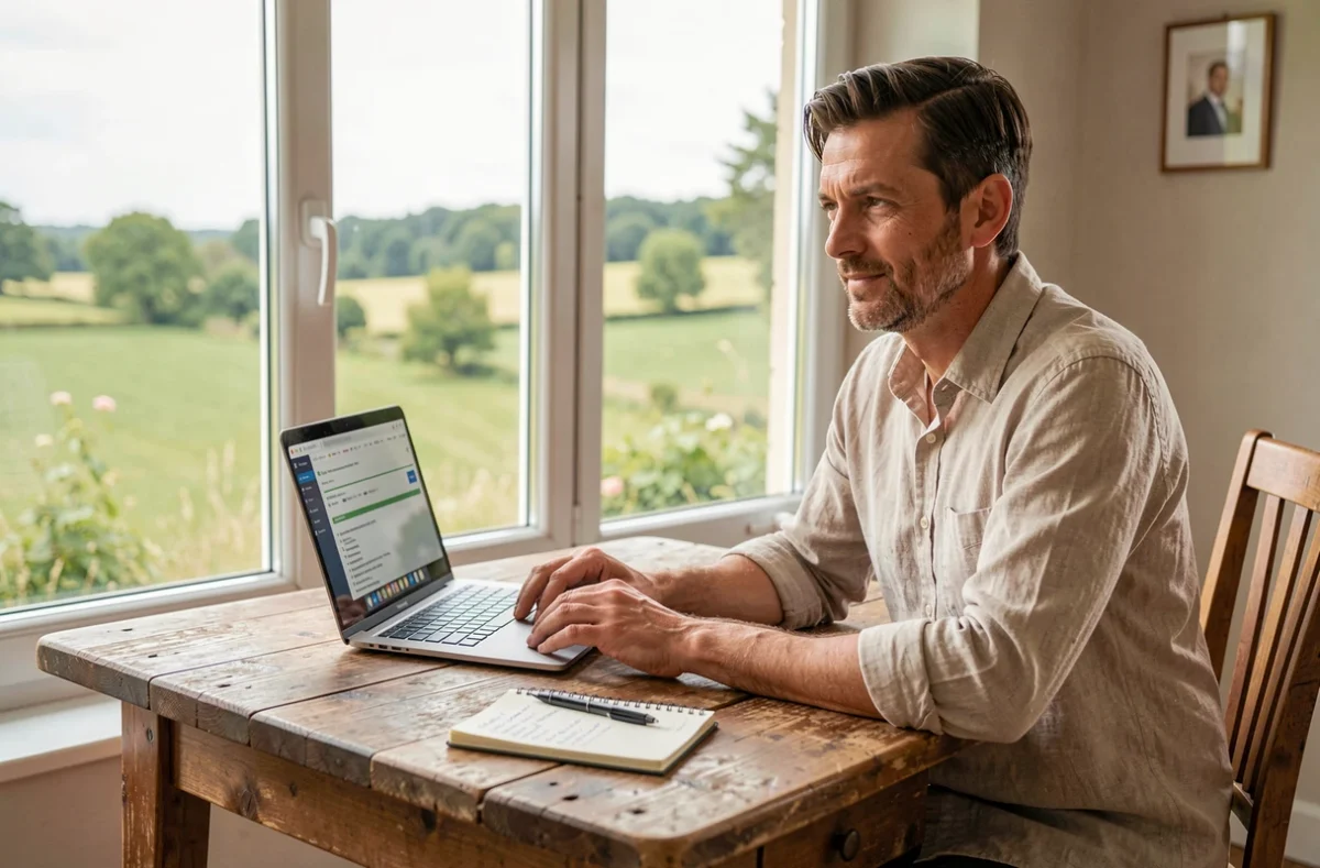 Consultant SEO indépendant g.flo travaillant depuis son bureau à domicile en Nouvelle-Aquitaine avec vue sur la campagne