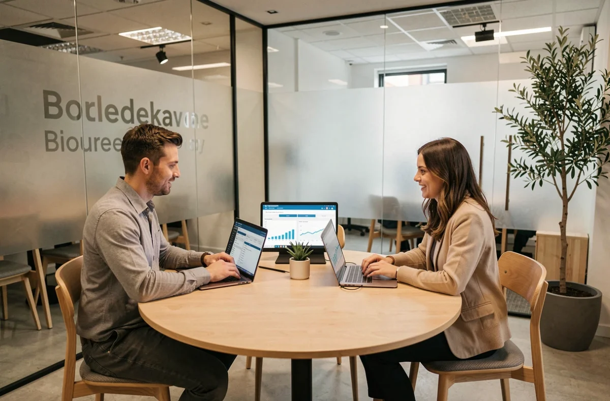Deux spécialistes SEO et AI Overview de Gemeos Agency collaborant autour d'une table de réunion à Bordeaux