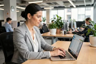 Femme professionnelle consultant un logiciel de gestion du temps de travail sur un ordinateur portable dans un bureau moderne