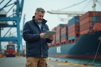 Homme gestionnaire port maritime vérifiant un digital tablet