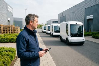 Manager logistique observant camions autonomes en extérieur