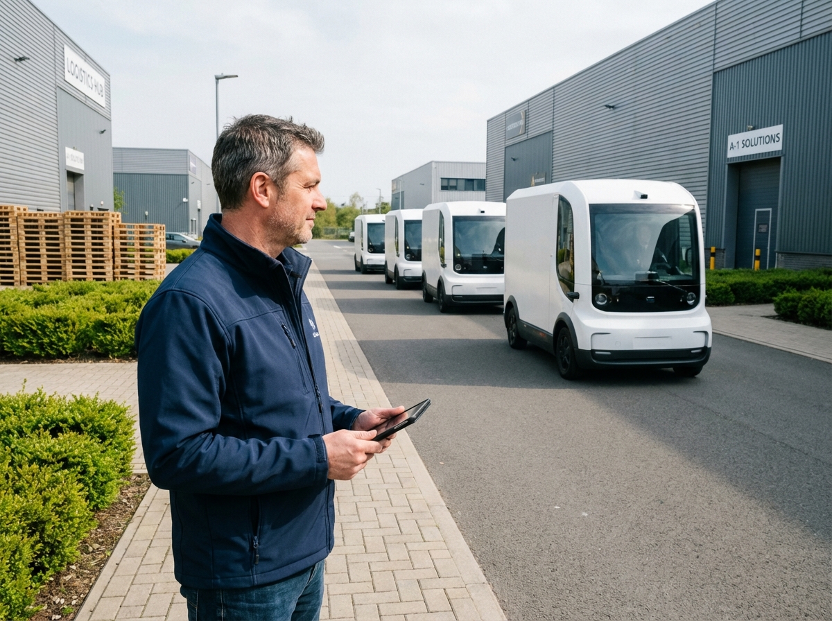 Manager logistique observant camions autonomes en extérieur