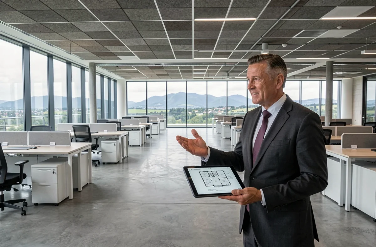 Grand plateau de bureaux disponible à la location dans un immeuble commercial aux abords de Colmar
