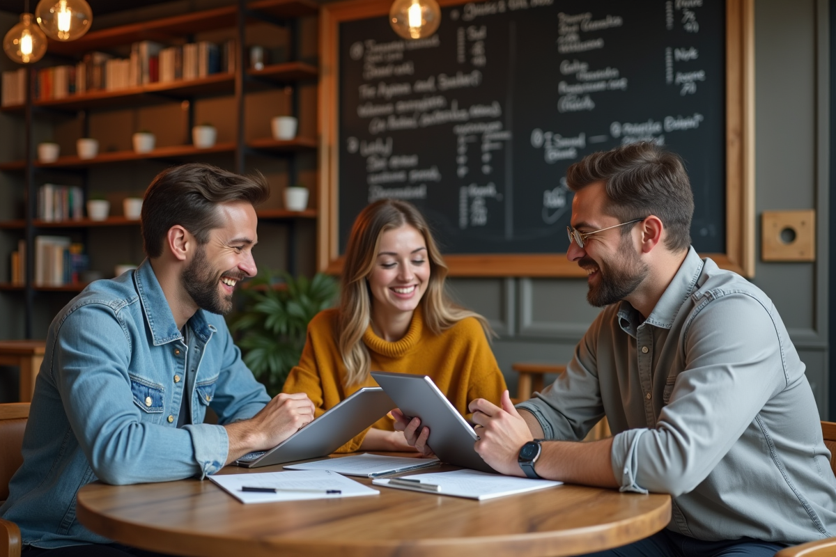 Groupe de personnes discutant autour d une table de café en brainstorming