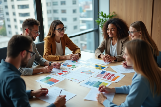 Groupe de quatre adultes en réunion avec infographies et drapeaux