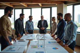 Groupe de professionnels discutant autour de plans architecturaux et modèles d'énergie renouvelable