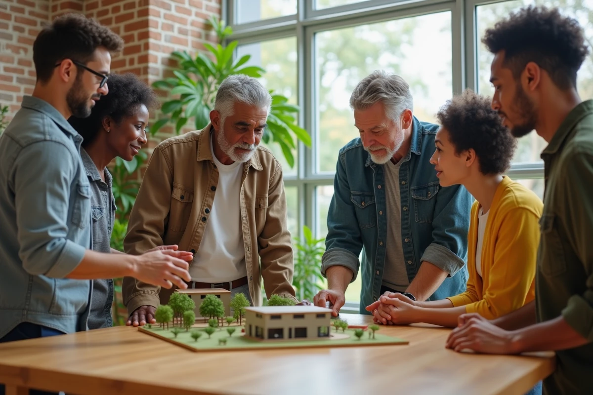 Groupe d'adultes divers discutant autour d'un modèle d'énergie communautaire