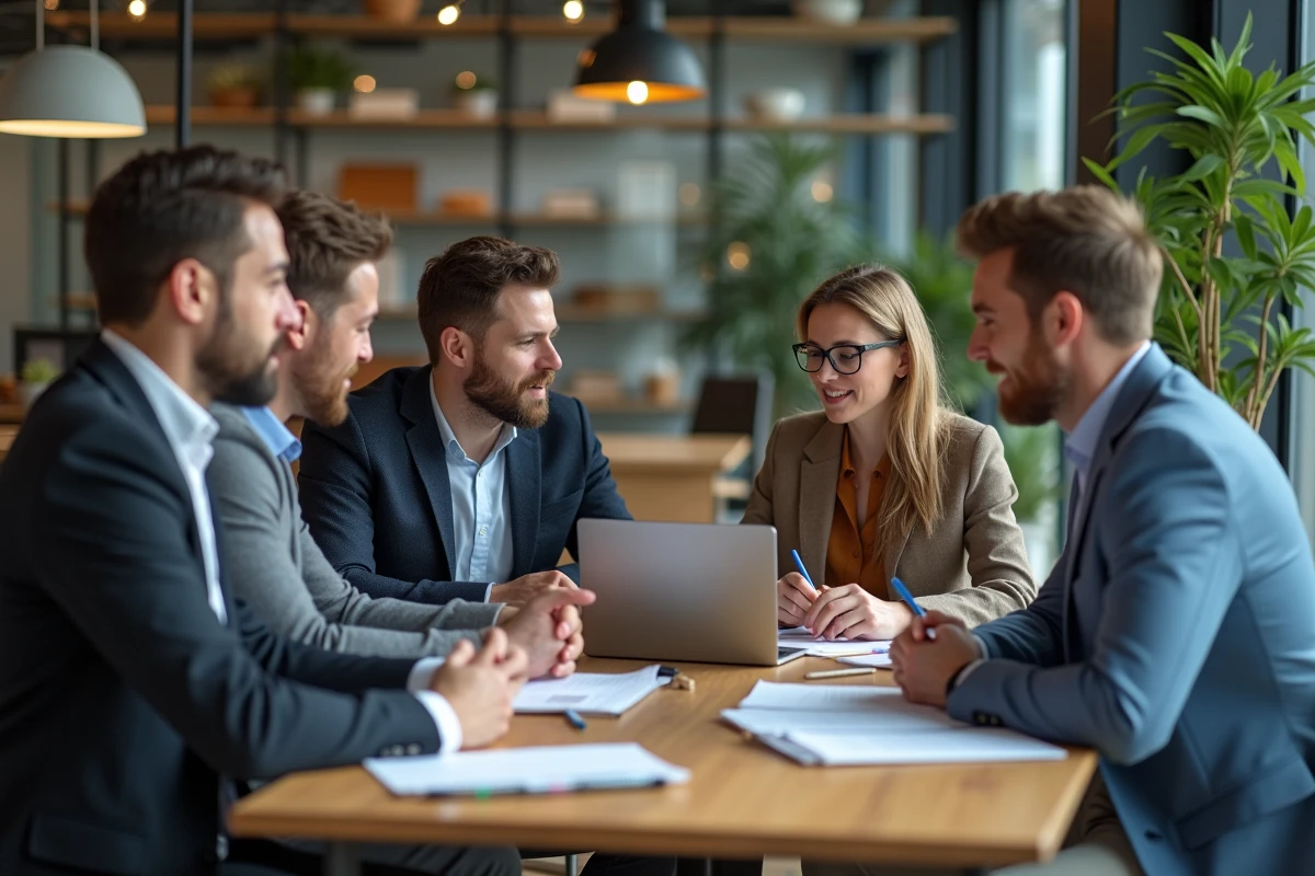 Groupe de chefs d'entreprise français en réunion au bureau