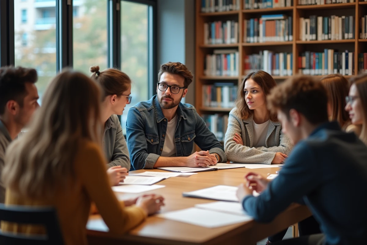 Jeunes adultes en discussion dans une bibliothèque universitaire