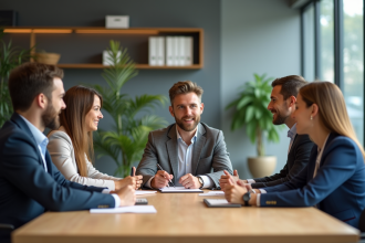 Groupe de professionnels en réunion dans un bureau lumineux