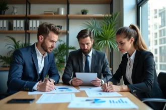 Trois professionnels en réunion autour d'une table moderne