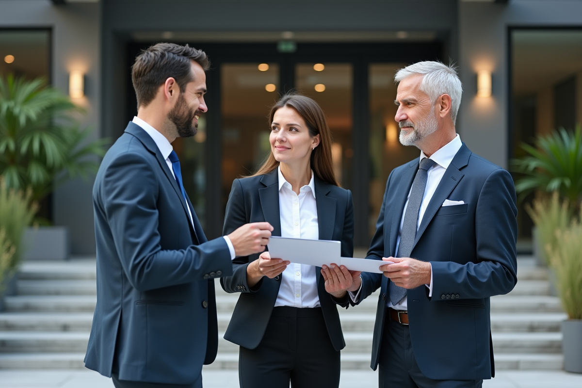 Groupe de professionnels discutant devant un bâtiment moderne