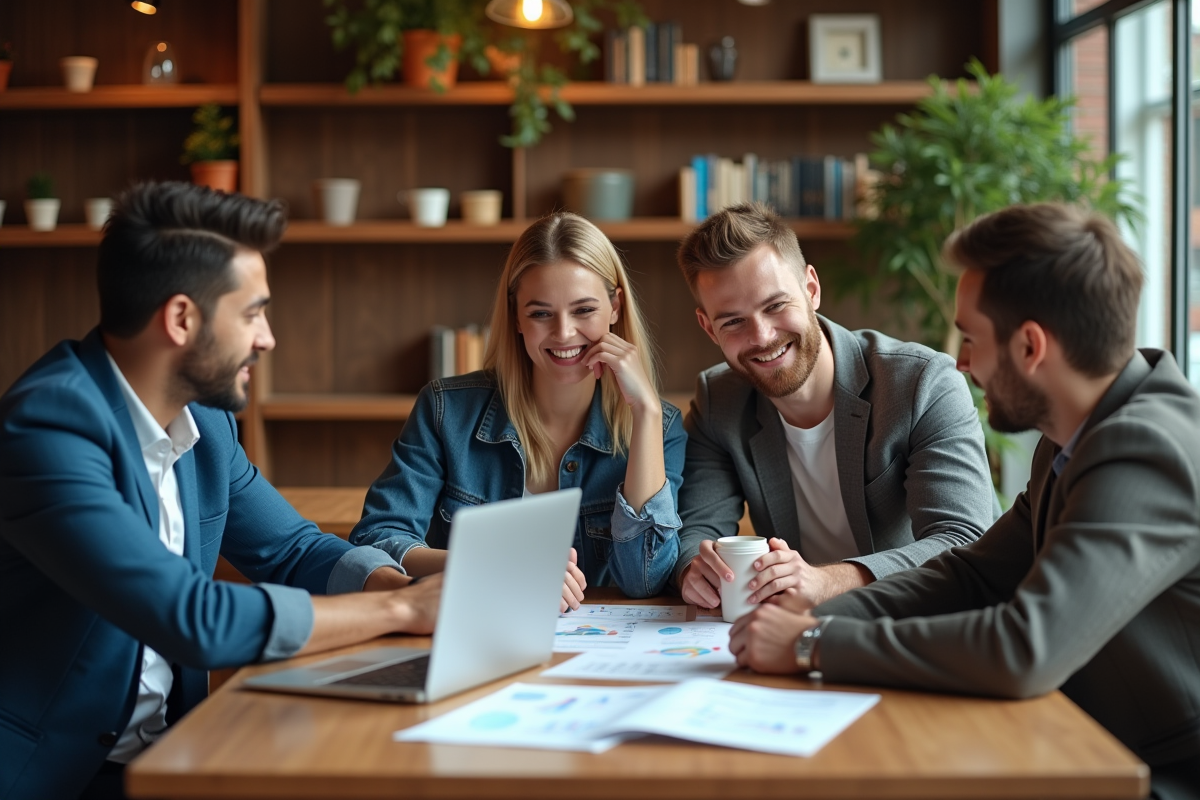 Groupe de jeunes professionnels discutant dans un café chaleureux