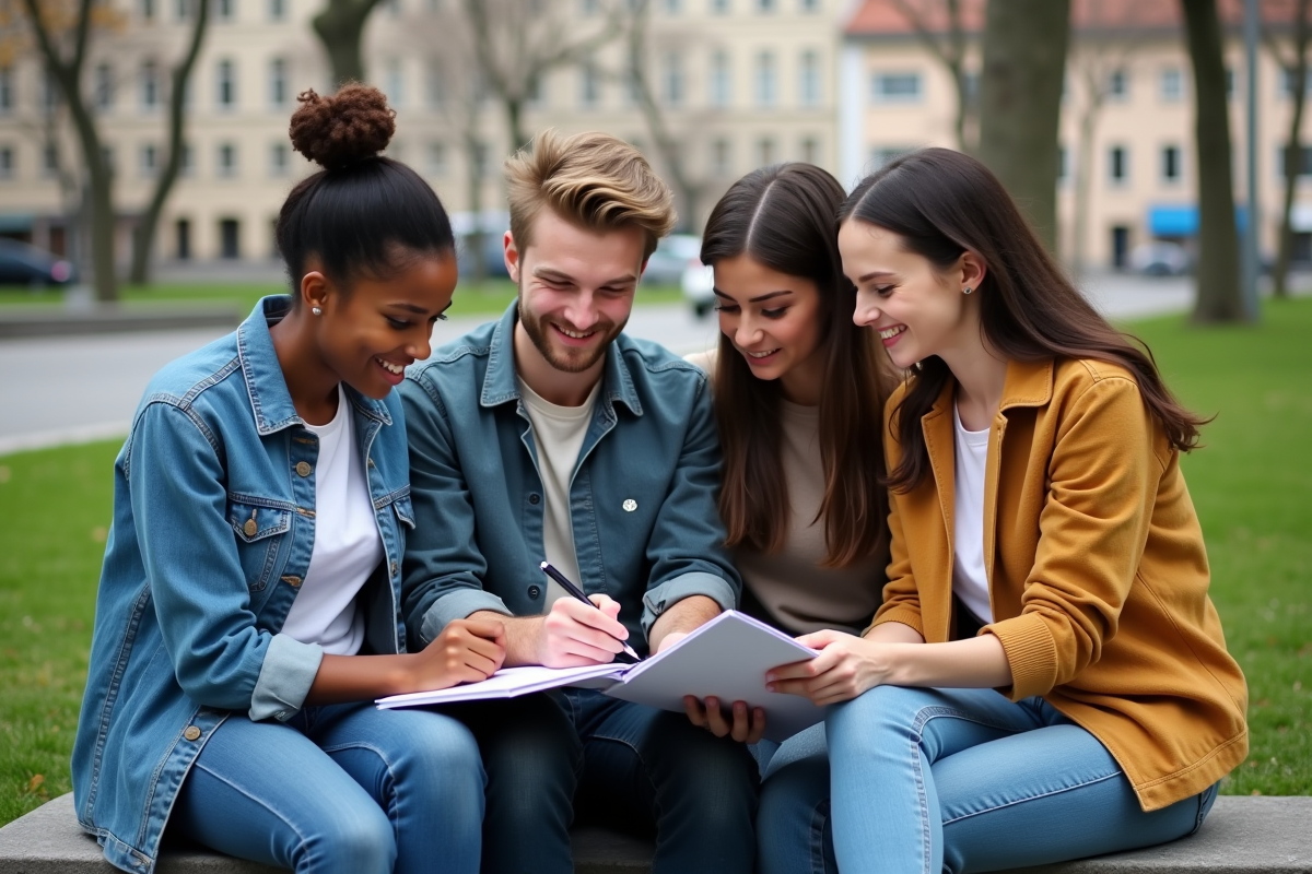 Groupe de jeunes adultes collaborant dans un parc urbain