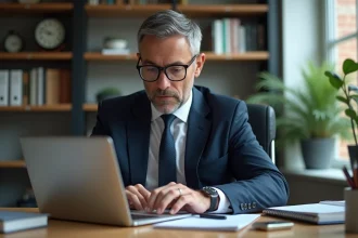 Homme d'affaires en costume navy travaillant sur un ordinateur