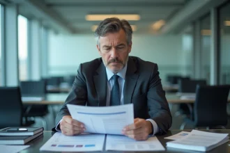 Homme d'affaires concentré devant des documents financiers
