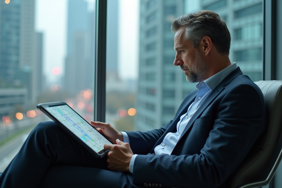 Homme d affaires regardant une carte 5g dans un bureau moderne