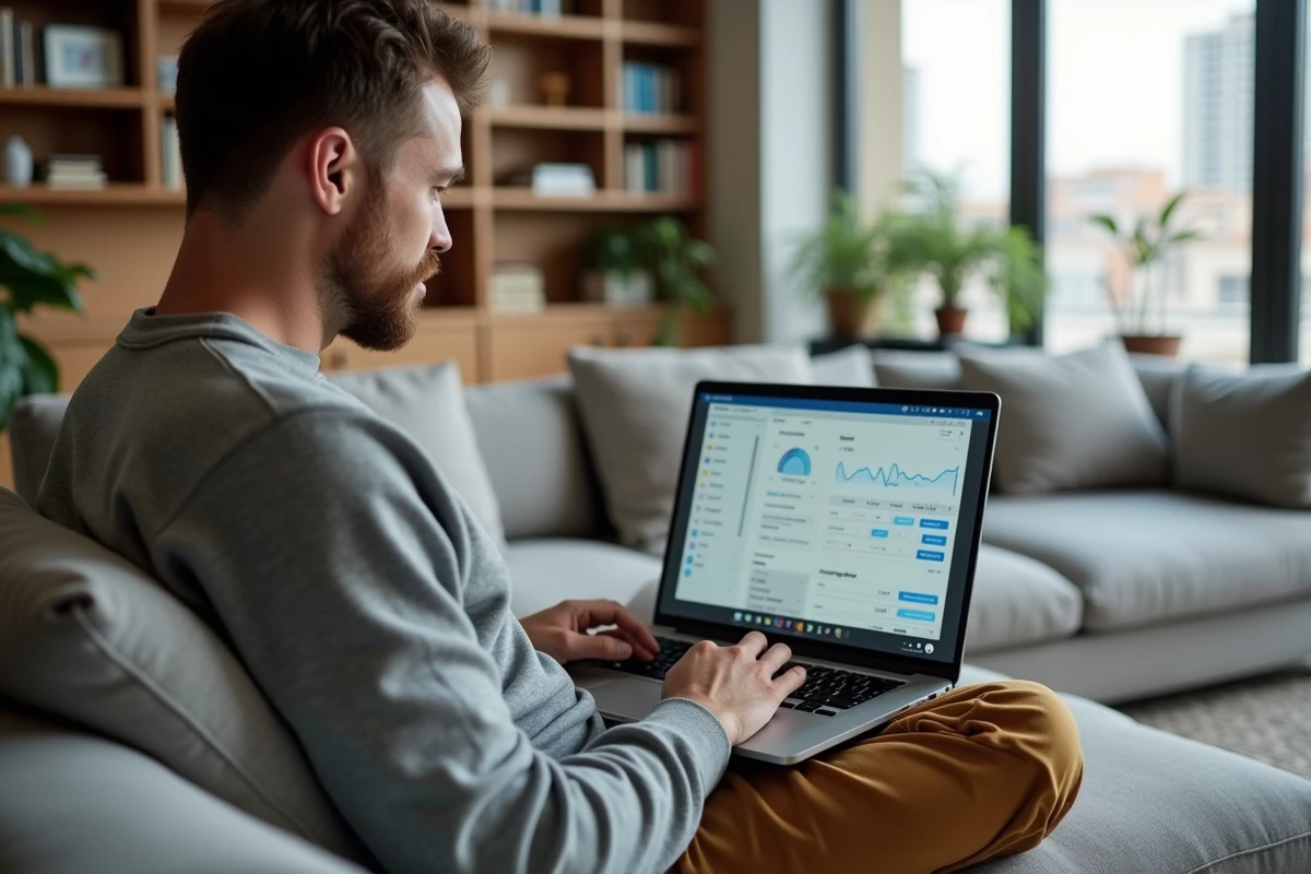 Homme travaillant depuis son salon sur l'automatisation de revenus en ligne avec des outils numériques
