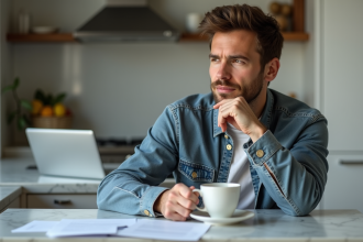 Homme détendu avec café et contrats dans une cuisine moderne