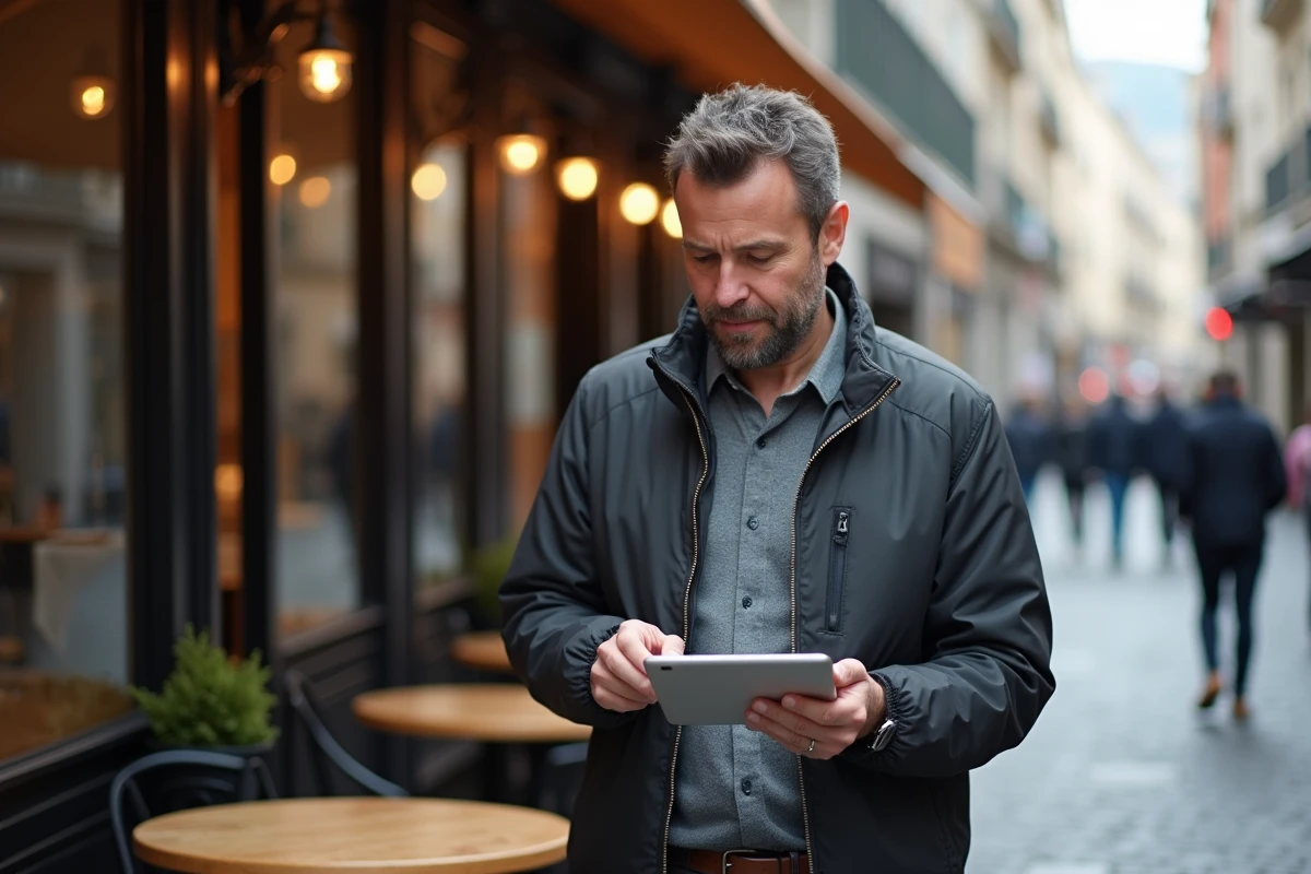 Homme d age moyen regardant des données en extérieur