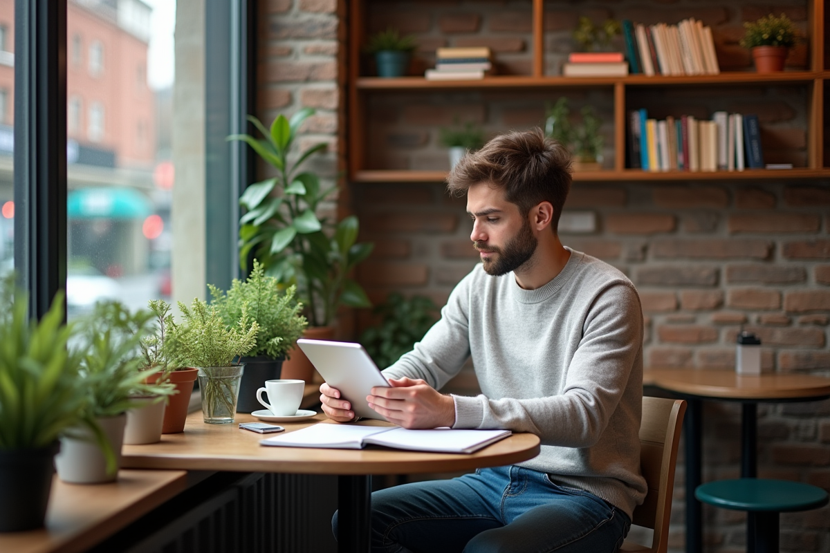Jeune homme travaillant dans un café avec tablette et ambiance décontractée