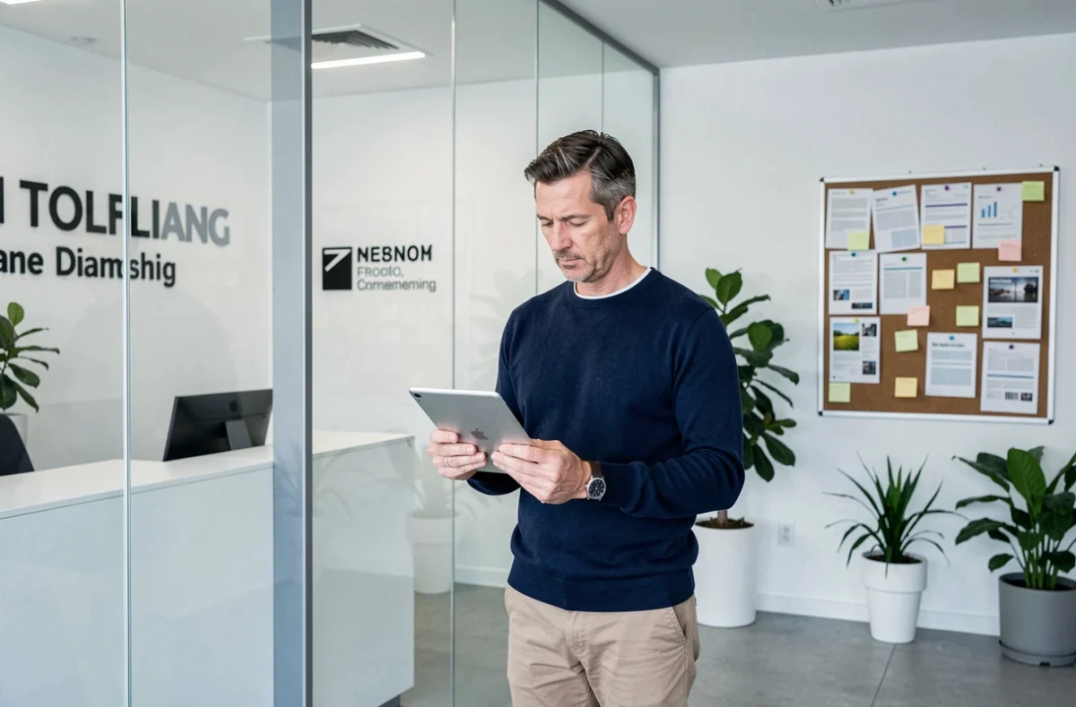 Homme consultant une tablette dans le hall d'un espace de coworking pour comparer les offres disponibles