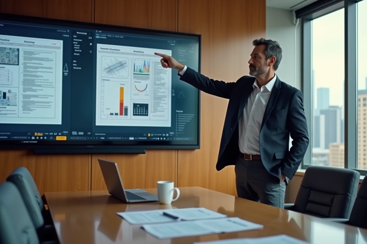 Homme en réunion explique documents de construction