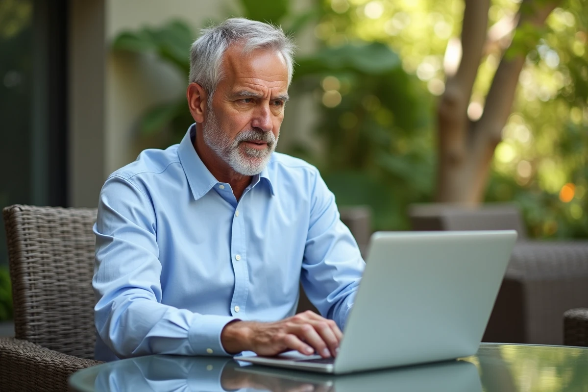 Homme concentré travaillant sur un ordinateur dans un jardin
