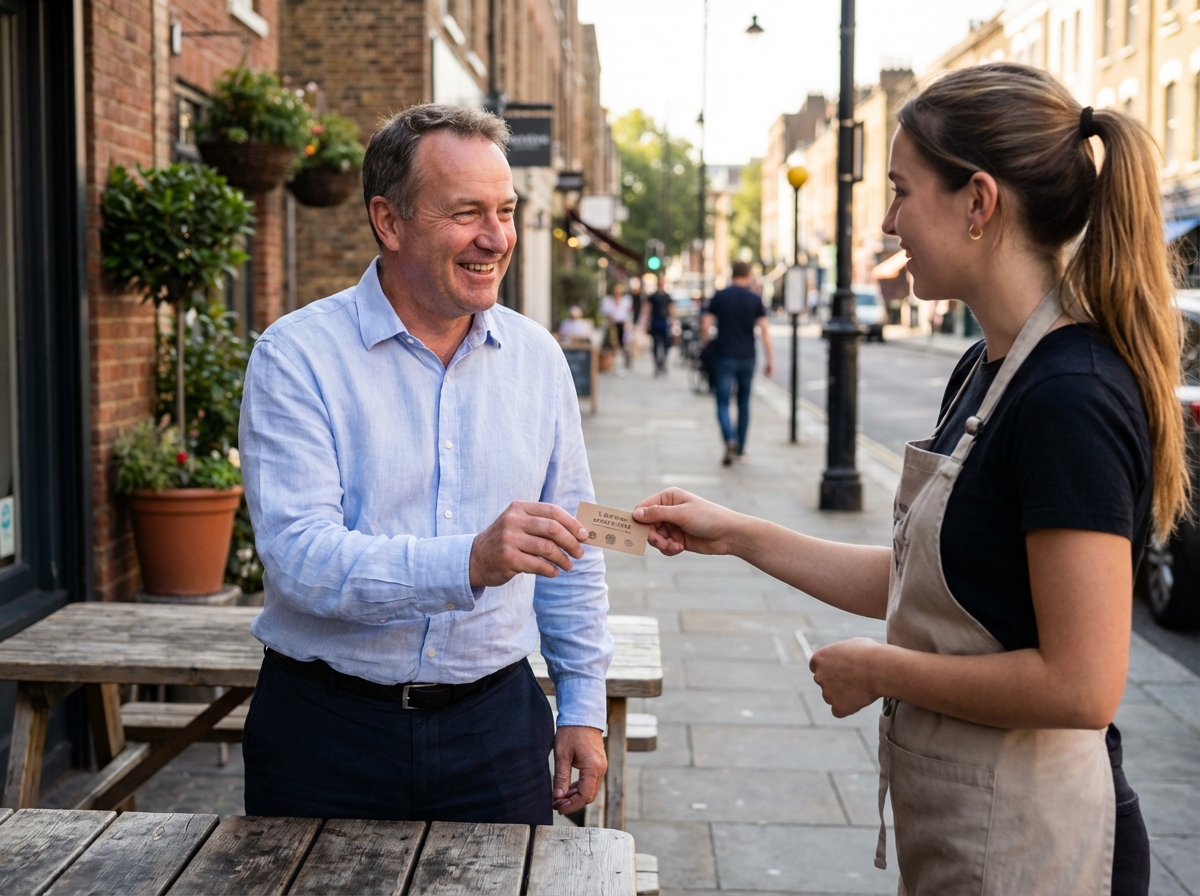 Homme recevant une carte de fidelite au cafe en plein air