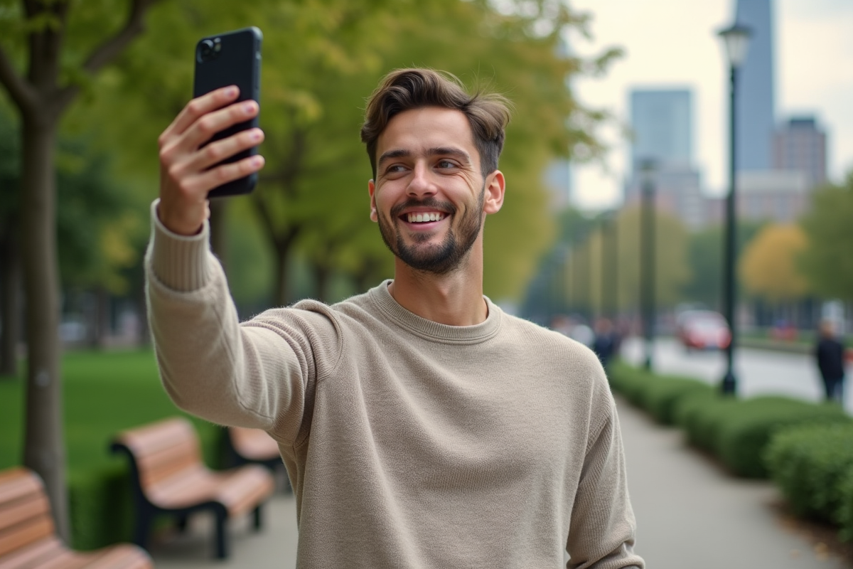 Homme dans un parc urbain filmant avec son téléphone
