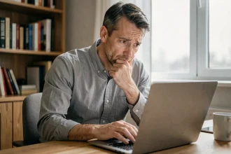Homme confus devant son ordinateur portable après avoir perdu ses identifiants de connexion sur Monidenum