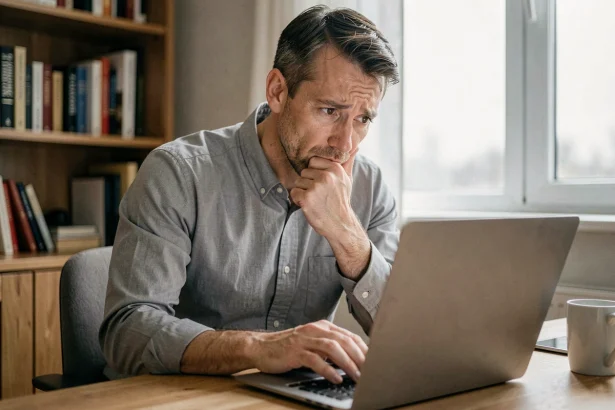Homme confus devant son ordinateur portable après avoir perdu ses identifiants de connexion sur Monidenum