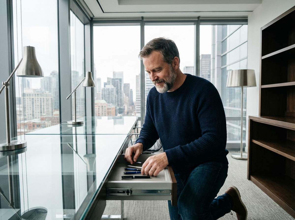 Homme en pull organise des fournitures de bureau