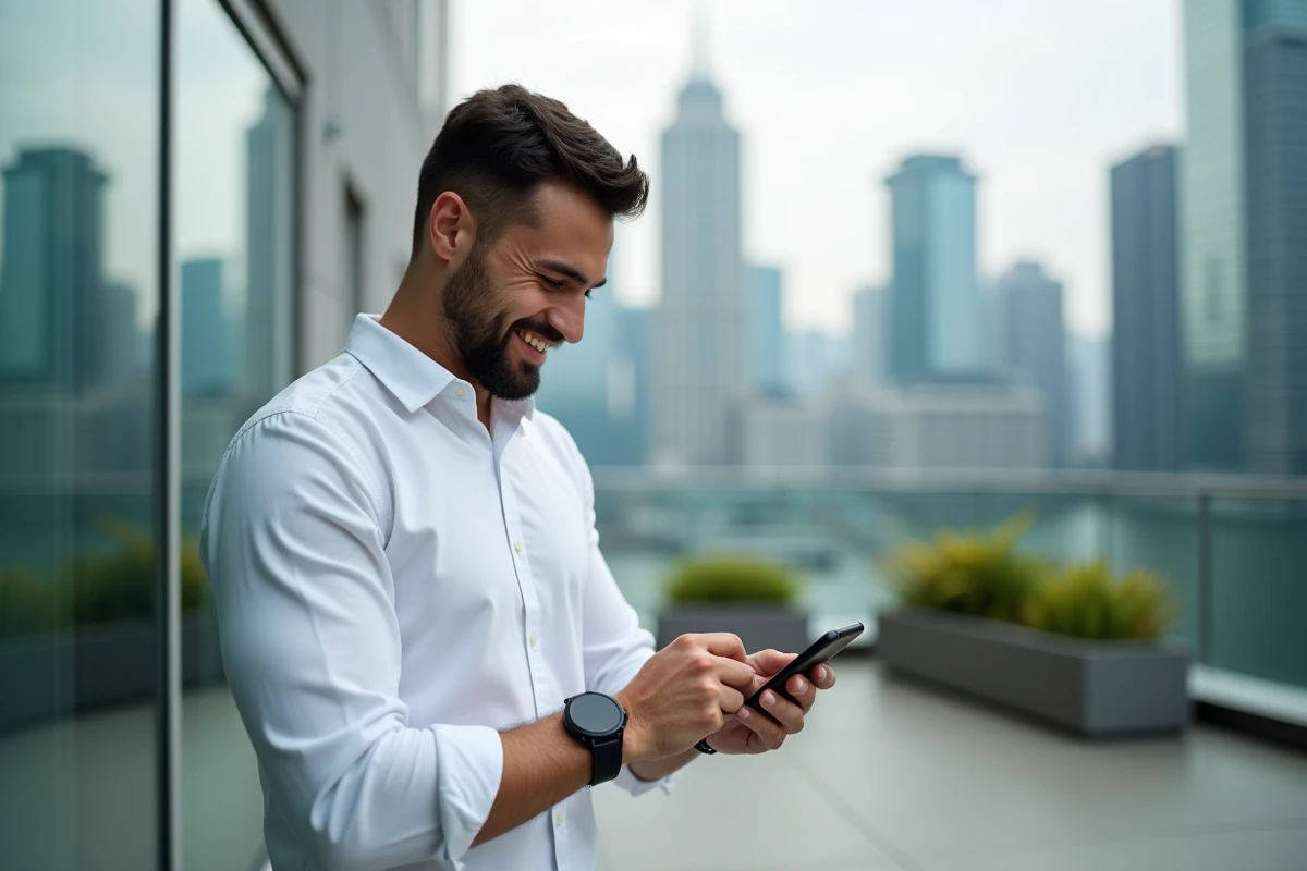Homme regardant sa smartwatch sur une terrasse urbaine