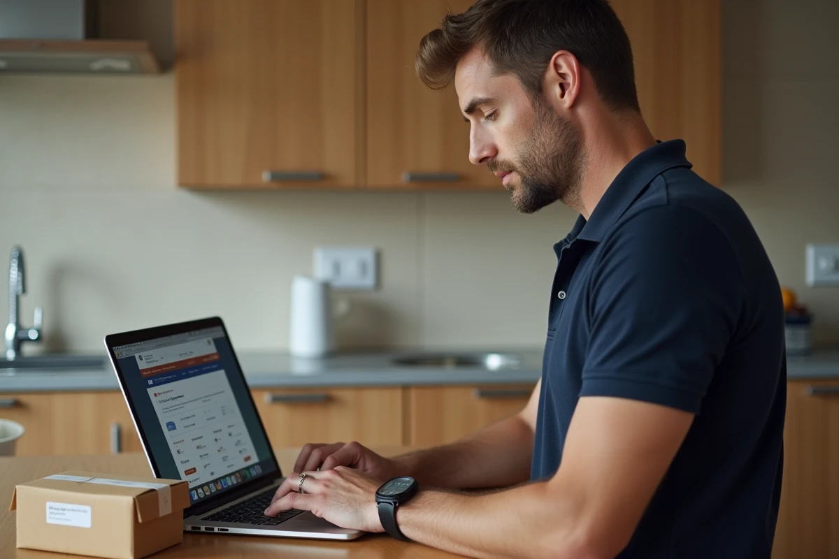 Homme consultant le suivi de colis UPS sur ordinateur portable dans une cuisine pour retrouver un envoi perdu