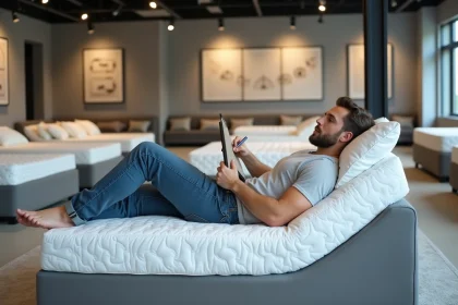 Homme en jeans et t-shirt note sur un matelas moderne