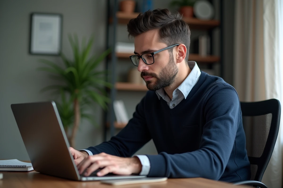Homme concentré sur son ordinateur dans un bureau moderne