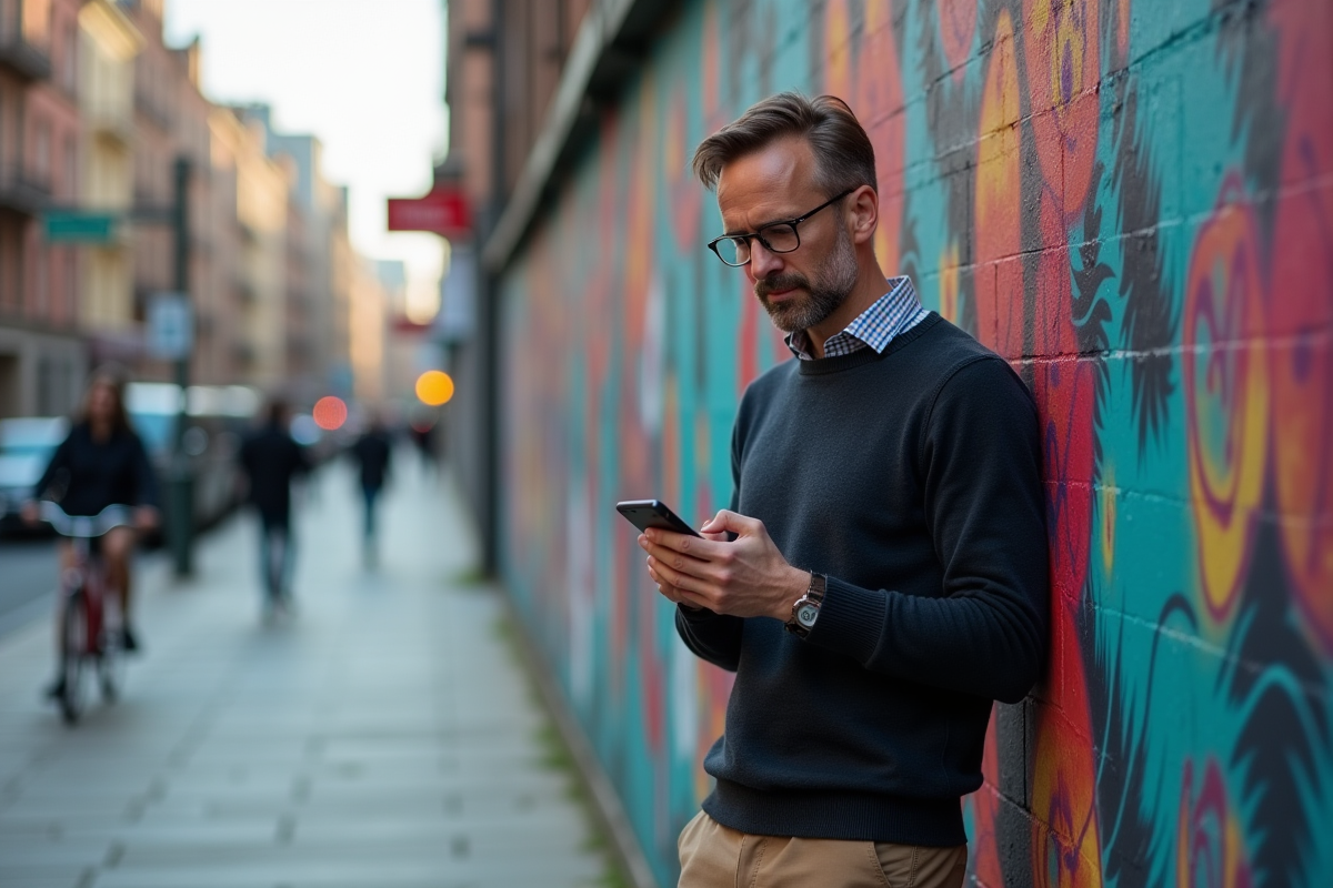 Homme regardant graphique d Instagram en extérieur urbain