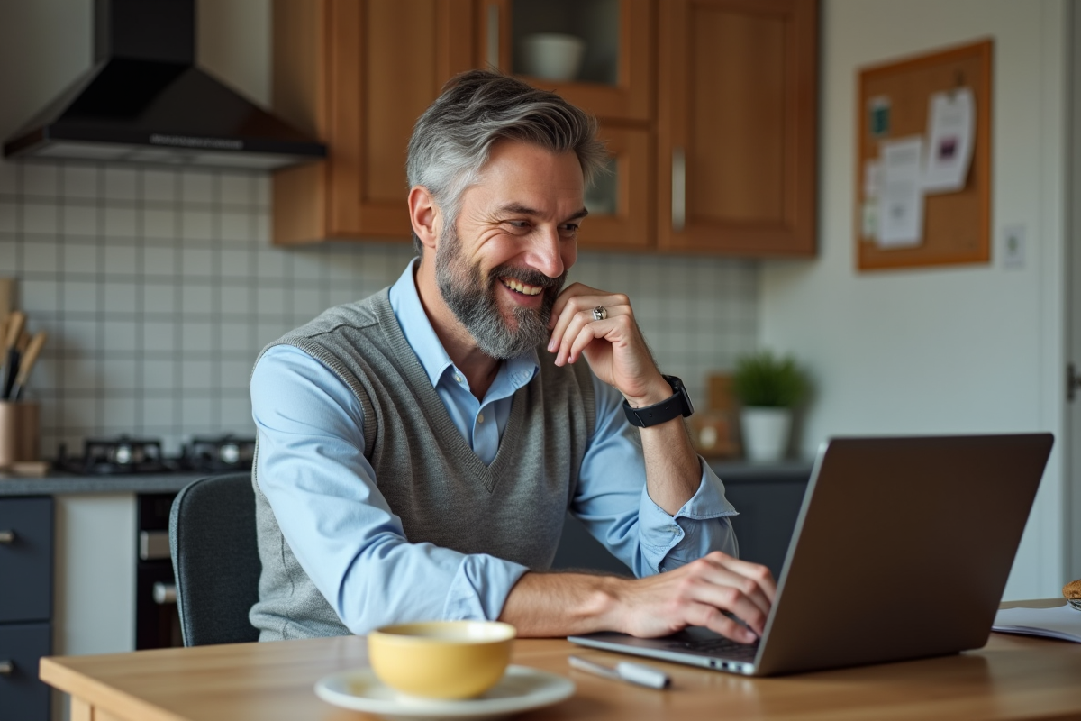 Homme en visioconference dans une cuisine chaleureuse