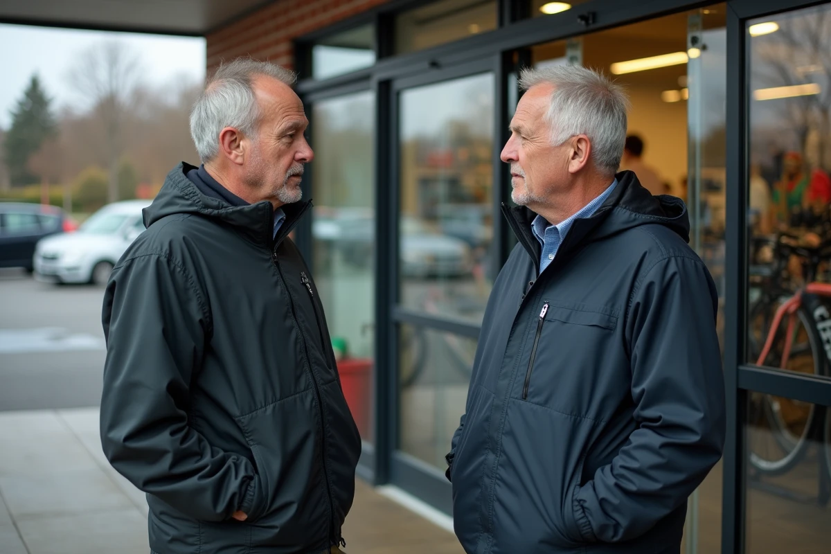 Deux hommes discutant devant un magasin de sport en extérieur