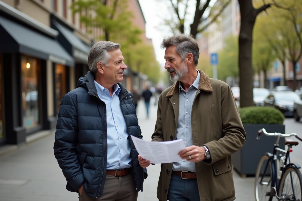 Deux hommes discutant de marques éthiques en extérieur en ville