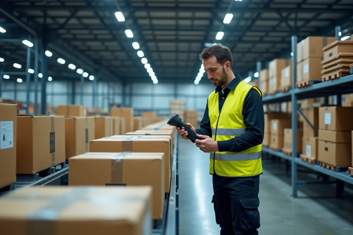 Employé de hub logistique scannant des colis sur un tapis roulant dans un centre de tri de type Harnes