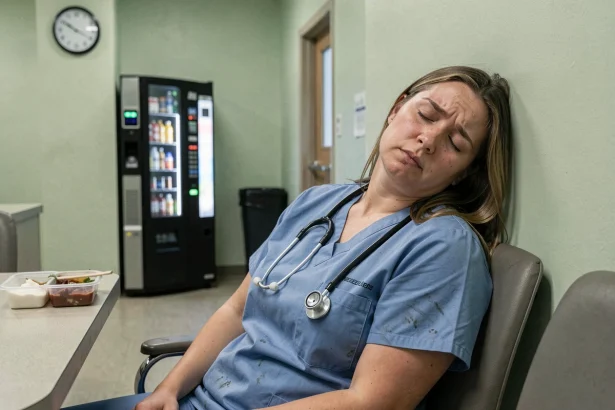Infirmière épuisée en salle de repos après un poste de nuit de 12 heures, illustrant les erreurs de récupération