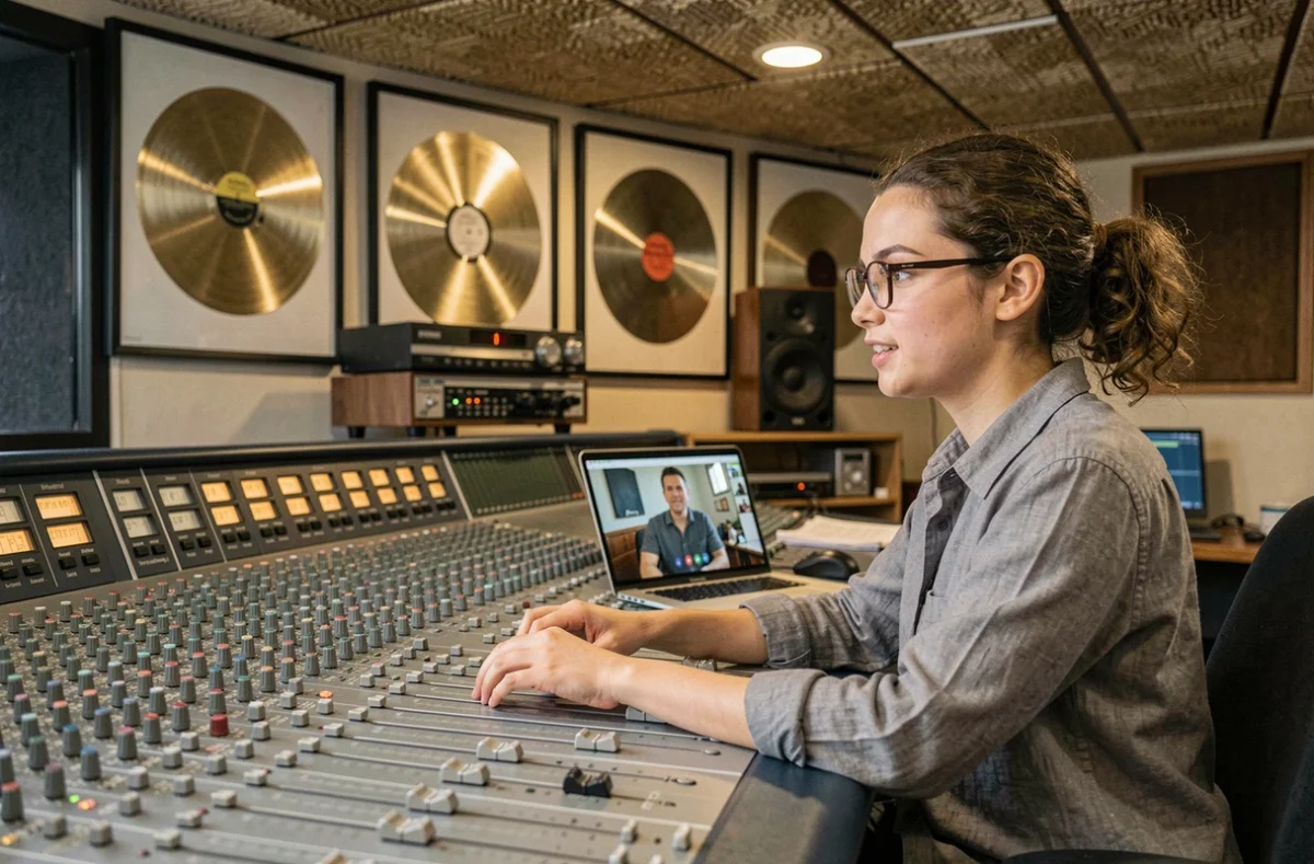 Ingénieure du son féminine en visioconférence devant une console de mixage analogique dans un studio professionnel