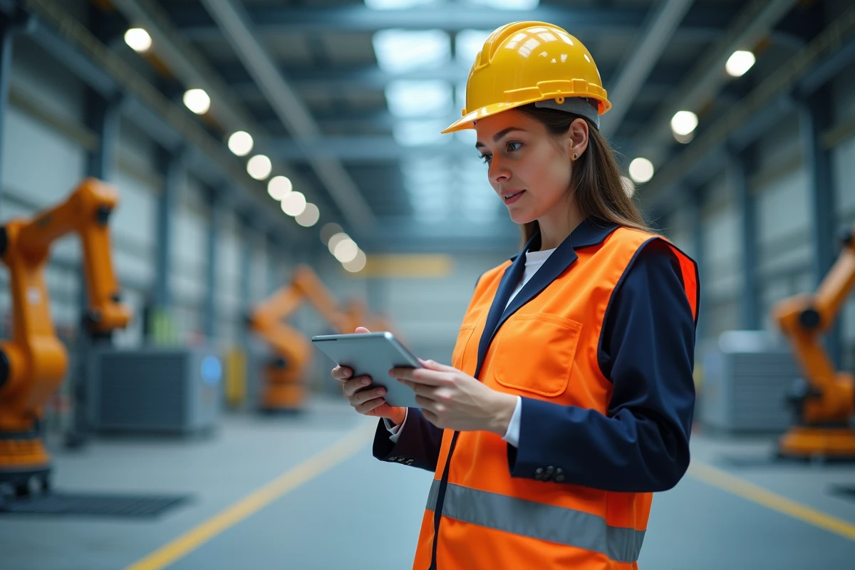 Ingénieure en équipement de sécurité consultant des plans numériques dans une usine intelligente, illustrant l'intégration d'une entreprise sur un territoire industriel du futur grâce à une opportunité d'implantation gratuite