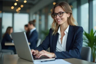 Femme professionnelle inscrivant son entreprise à un événement d'affaires en ligne sur un ordinateur portable dans un bureau moderne