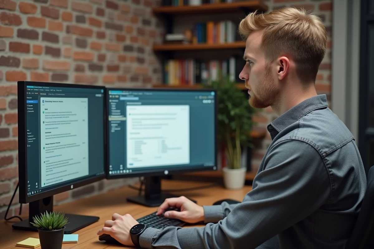 Homme en télétravail suivant un guide d'intégration logicielle étape par étape sur deux écrans