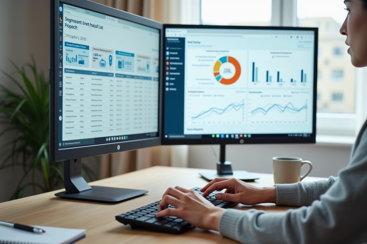 Poste de travail avec interface CRM et tableau de bord de génération de leads qualifiés pour la prospection B2B en télétravail