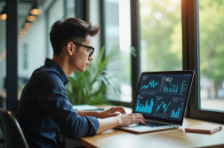 Jeune entrepreneur travaillant sur son ordinateur avec des graphiques SEO à Chiang Mai