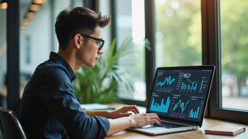 Jeune entrepreneur travaillant sur son ordinateur avec des graphiques SEO à Chiang Mai
